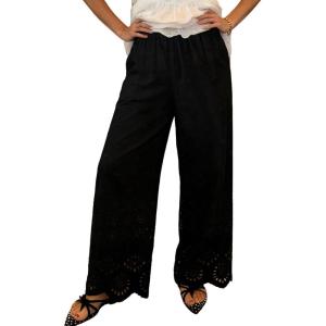 image:imageCHARTOU Eyelet Lace Pants for Women Summer Elastic Waist Wide Leg Palazzo Vacation PantsBlack