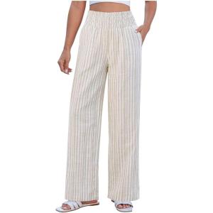image:imageCHARTOU Flowy Striped Linen Pants Women High Rise Smock Elastic Waist Summer Beach Vacation Palazzo PantsApricot