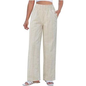 image:imageCHARTOU Flowy Striped Linen Pants Women High Rise Smock Elastic Waist Summer Beach Vacation Palazzo PantsBeige