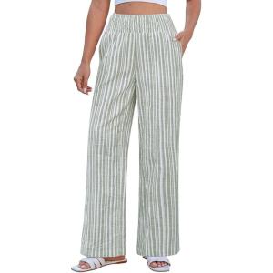 image:imageCHARTOU Flowy Striped Linen Pants Women High Rise Smock Elastic Waist Summer Beach Vacation Palazzo PantsGreen