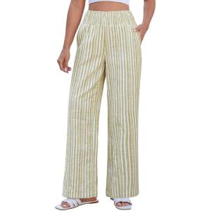 image:imageCHARTOU Flowy Striped Linen Pants Women High Rise Smock Elastic Waist Summer Beach Vacation Palazzo PantsKhaki