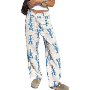 image:imageCHARTOU Lobster Wide Leg Pants Woman Summer Cotton Linen Pants Palazzo Beach Trouser Spring Vacation OutfitsBlue