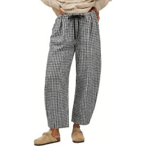 image:imageCHARTOU Plaid Barrel Pants for Women Summer Drawstring Cotton Linen Wide Leg Beach Travel Vacation PantsBlack