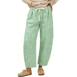 image:imageCHARTOU Plaid Barrel Pants for Women Summer Drawstring Cotton Linen Wide Leg Beach Travel Vacation PantsGreen