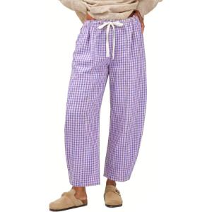 image:imageCHARTOU Plaid Barrel Pants for Women Summer Drawstring Cotton Linen Wide Leg Beach Travel Vacation PantsPurple