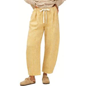image:imageCHARTOU Plaid Barrel Pants for Women Summer Drawstring Cotton Linen Wide Leg Beach Travel Vacation PantsYellow