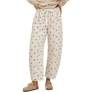 image:imageCHARTOU Polka Dot Wide Leg Barrel Pants for Women Baggy Palazzo Pant Drawstring High Waist Cotton Linen Lounge PantsBeige