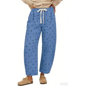 image:imageCHARTOU Polka Dot Wide Leg Barrel Pants for Women Baggy Palazzo Pant Drawstring High Waist Cotton Linen Lounge PantsBlue