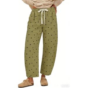 image:imageCHARTOU Polka Dot Wide Leg Barrel Pants for Women Baggy Palazzo Pant Drawstring High Waist Cotton Linen Lounge PantsGreen