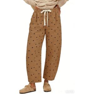 image:imageCHARTOU Polka Dot Wide Leg Barrel Pants for Women Baggy Palazzo Pant Drawstring High Waist Cotton Linen Lounge PantsKhaki