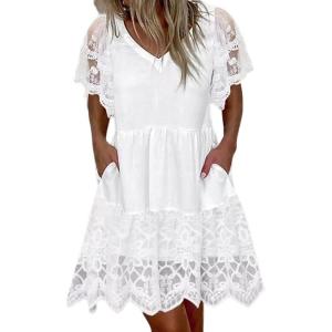 image:imageCHARTOU White Lace Shift Dress for Women Summer Casual Tunic Shirt Mini Dress with PocketsWhite