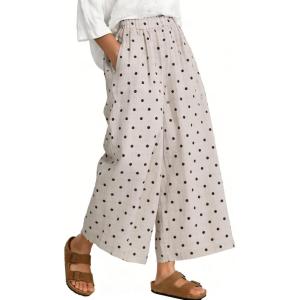 image:imageCHARTOU Wide Leg Pants Women Polka Dot Palazzo Pants Elastic Waist Casual Cropped Trousers with PocketsBeige