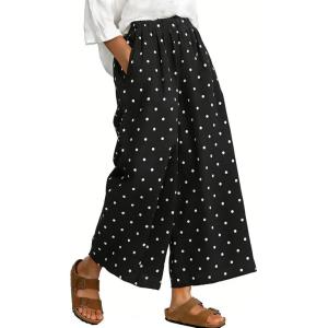 image:imageCHARTOU Wide Leg Pants Women Polka Dot Palazzo Pants Elastic Waist Casual Cropped Trousers with PocketsBlack