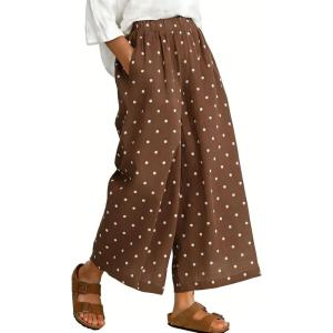 image:imageCHARTOU Wide Leg Pants Women Polka Dot Palazzo Pants Elastic Waist Casual Cropped Trousers with PocketsBrown