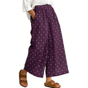 image:imageCHARTOU Wide Leg Pants Women Polka Dot Palazzo Pants Elastic Waist Casual Cropped Trousers with PocketsPurple