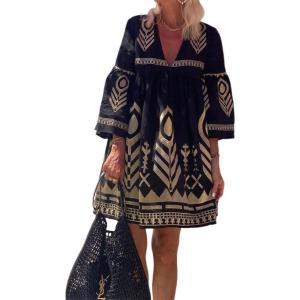 image:imageCHARTOU Women Boho Babydoll Dress Vintage Ethnic A line Flowy Mini Dress Tunic TopBlack