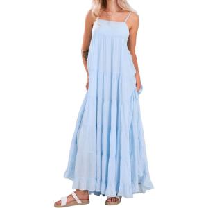 image:imageCHARTOU Women Boho Long Flowy Dress Casual Tiered Maxi Dress Spaghetti Strap Sleeveless Dress Beach Swing SundressLight Blue