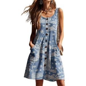 image:imageCHARTOU Women Button Front Overall Denim Dress Summer Sleeveless Y2k Jean Romper Dress with PocketsBlue Paisley