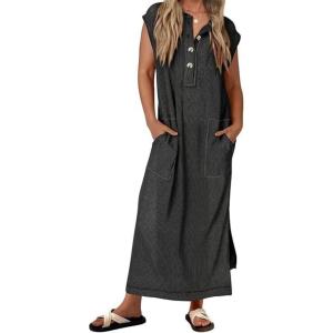 image:imageCHARTOU Women Cap Sleeve Summer Maxi Dress Ribbed Knit Henley Side Split Tank DressBlack