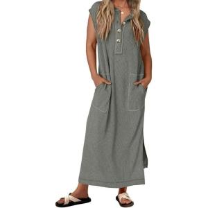 image:imageCHARTOU Women Cap Sleeve Summer Maxi Dress Ribbed Knit Henley Side Split Tank DressGrey