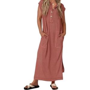 image:imageCHARTOU Women Cap Sleeve Summer Maxi Dress Ribbed Knit Henley Side Split Tank DressRed