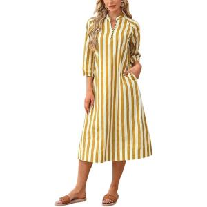 image:imageCHARTOU Women Casual 34 Sleeve Striped Long Shirt Dress Contrast Color Loose Tunic Dress with PocketsYellow