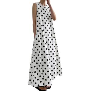 image:imageCHARTOU Women Casual Cotton Linen Sleeveless Maxi Dress Ruffle Shift Dress Flowy Beach Summer Long Tank DressPolka Dot