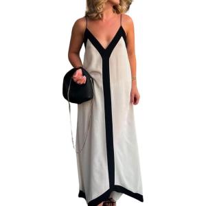 image:imageCHARTOU Women Casual Spaghetti Strap Contrast Color Handkerchief Hem Vacation Flowy Maxi DressBeige