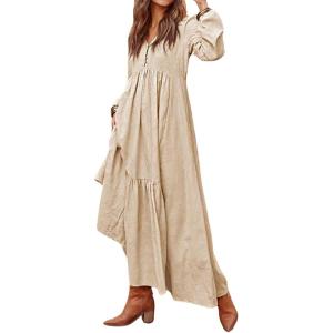 image:imageCHARTOU Women Cotton Linen Long Sleeve Maxi Dress Pockets Button Up Ruffle A Line Long Dress Flowy Swing DressApricot