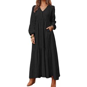 image:imageCHARTOU Women Cotton Linen Long Sleeve Maxi Dress Pockets Button Up Ruffle A Line Long Dress Flowy Swing DressBlack