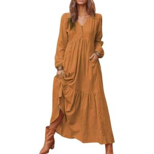 image:imageCHARTOU Women Cotton Linen Long Sleeve Maxi Dress Pockets Button Up Ruffle A Line Long Dress Flowy Swing DressBrown