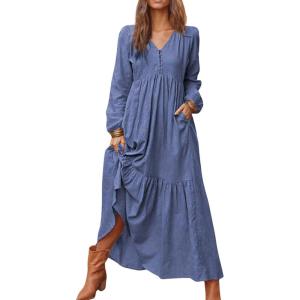 image:imageCHARTOU Women Cotton Linen Long Sleeve Maxi Dress Pockets Button Up Ruffle A Line Long Dress Flowy Swing DressDark Blue