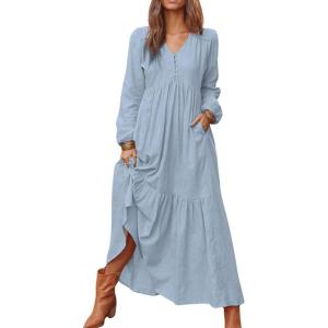 image:imageCHARTOU Women Cotton Linen Long Sleeve Maxi Dress Pockets Button Up Ruffle A Line Long Dress Flowy Swing DressLight Blue