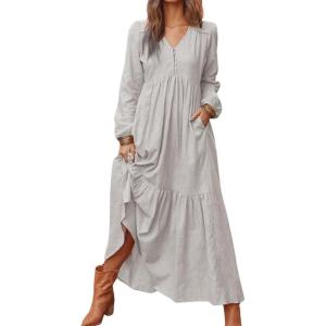 image:imageCHARTOU Women Cotton Linen Long Sleeve Maxi Dress Pockets Button Up Ruffle A Line Long Dress Flowy Swing DressLight Grey