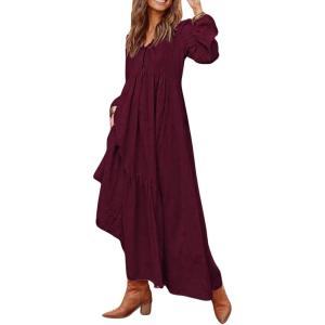 image:imageCHARTOU Women Cotton Linen Long Sleeve Maxi Dress Pockets Button Up Ruffle A Line Long Dress Flowy Swing DressWine Red