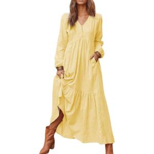 image:imageCHARTOU Women Cotton Linen Long Sleeve Maxi Dress Pockets Button Up Ruffle A Line Long Dress Flowy Swing DressYellow