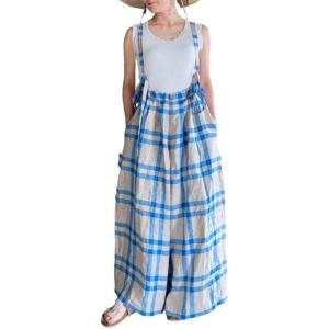 image:imageCHARTOU Women Cotton Linen Plaid Overalls Summer Baggy Wide Leg Pants Flowy Casual Beach Culottes TrousersBlue