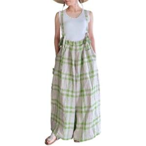 image:imageCHARTOU Women Cotton Linen Plaid Overalls Summer Baggy Wide Leg Pants Flowy Casual Beach Culottes TrousersGreen