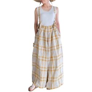image:imageCHARTOU Women Cotton Linen Plaid Overalls Summer Baggy Wide Leg Pants Flowy Casual Beach Culottes TrousersKhaki