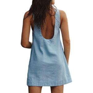 image:imageCHARTOU Women Cotton Linen Shift Dress Sleeveless Tank Mini Dress Open Back Summer Dress Beach Short Tunic DressLight Blue