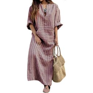 image:imageCHARTOU Women Cotton Linen Striped Dress Overall Casual Roll Up Long Sleeve Maxi Dress Kaftan Gauze Shift DressLight Red