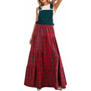 image:imageCHARTOU Women Cute Plaid Overall Dress Bib Tiered Checkered Adjustable Strap Maxi Long Dress with Lace TrimGreen