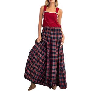 image:imageCHARTOU Women Cute Plaid Overall Dress Bib Tiered Checkered Adjustable Strap Maxi Long Dress with Lace TrimRed