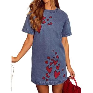 image:imageCHARTOU Women Denim Mini Dress 2026 Cute Heart Embroidery Cowgirl Jean Dress Loose Crew Neck Pullover TunicBlue
