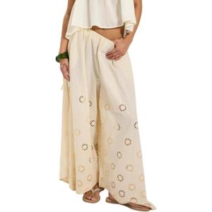 image:imageCHARTOU Women Eyelet Wide Leg Pants Summer Embroidery Culottes Elastic Waist Palazzo Pants with PocketsBeige