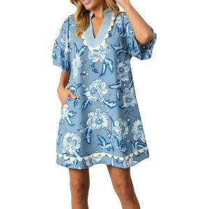 image:imageCHARTOU Women Floral Loose Tunic Dress Short Puff Sleeve RIC Rac Beach Vacation Mini Dress Summer OutfitsBlue