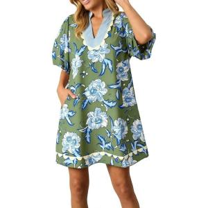 image:imageCHARTOU Women Floral Loose Tunic Dress Short Puff Sleeve RIC Rac Beach Vacation Mini Dress Summer OutfitsGreen