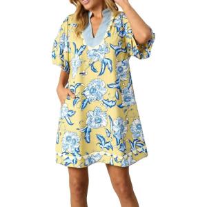 image:imageCHARTOU Women Floral Loose Tunic Dress Short Puff Sleeve RIC Rac Beach Vacation Mini Dress Summer OutfitsLight Yellow