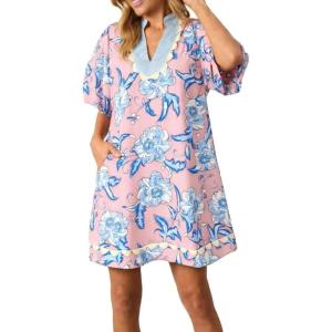 image:imageCHARTOU Women Floral Loose Tunic Dress Short Puff Sleeve RIC Rac Beach Vacation Mini Dress Summer OutfitsPink