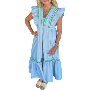 image:imageCHARTOU Women Flutter Sleeve Ruffle Tiered Midi Dress Summer RIC Rac Empire Waist Flowy Beach Long DressBlue